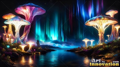 Standing upright beside calm water, giant mushrooms light up under blue northern lights