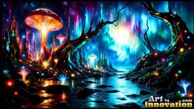 Bright orange mushrooms and dark trees stand beside a stream under northern lights