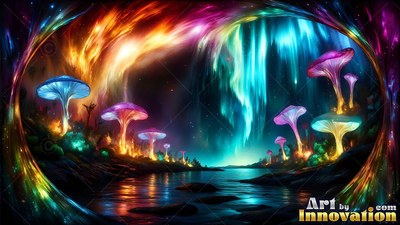 Under bright northern lights, blue and purple mushrooms line a dark river bank