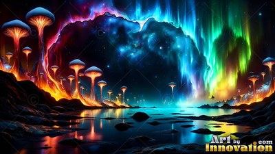 Standing along dark water, tall mushrooms shine under a green and blue aurora sky