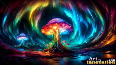 A colorful mushroom stands under blue and yellow auroras in the dark