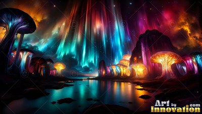Striped caps top giant mushrooms beside dark water under blue and red northern lights