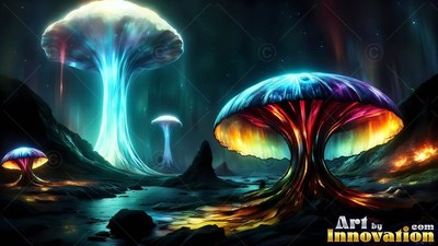 Large mushrooms stand in a dark landscape, lit by bright blue and warm yellow light
