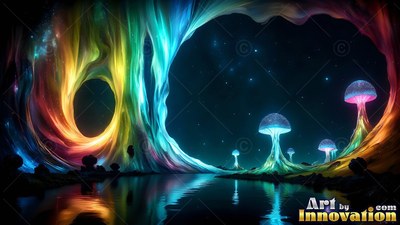 Standing tall along dark water, mushrooms shine under a rainbow rock cave