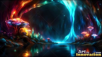 A dark cave pool with bright blue and red mushrooms along the water