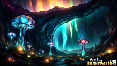 In a dark rocky cave, blue mushrooms stand beneath green northern lights