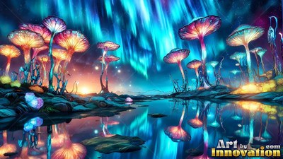 Shining by a calm pool, tall mushrooms reflect under green sky lights