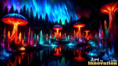 Bright red mushrooms and crystals under northern lights