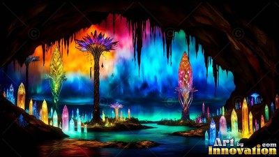 Tall crystalline spires rise from a dark cave opening out to bright rainbow skies