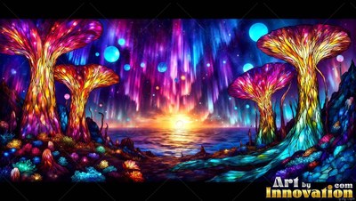 Large stained-glass mushrooms rise beside a calm sea under bright purple auroras