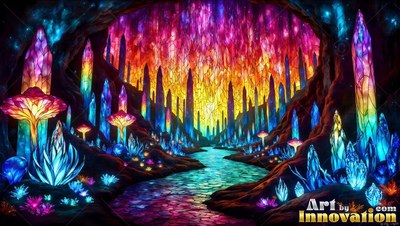 Facing forward down a cavern path lined with bright crystal pillars and mushrooms