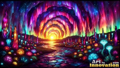 A stone path leads toward a sun under colorful rings of light in the night sky