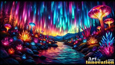 Under bright northern lights, giant mushrooms and colorful crystals line a stream