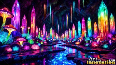 Lining a dim cave stream, bright crystal spires stand beside neon mushrooms