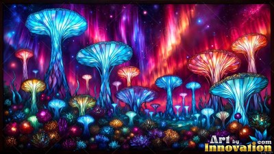 Bright blue and red mushrooms under northern lights