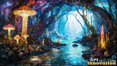 Patterned orange caps rise on giant mushrooms beside a blue stream in a dark forest