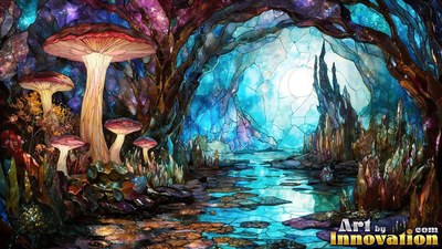 Giant leaded colored glass mushrooms grow beside a blue pool under pale light