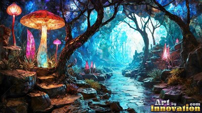 Standing tall beside a dark stream, bright mushrooms light a blue forest path