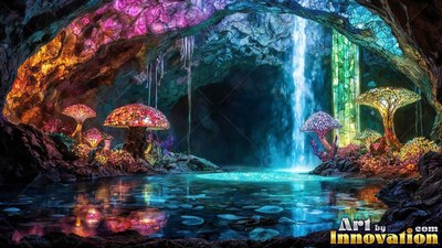 A waterfall pours into a cave pool surrounded by colorful leaded tinted glass mushrooms