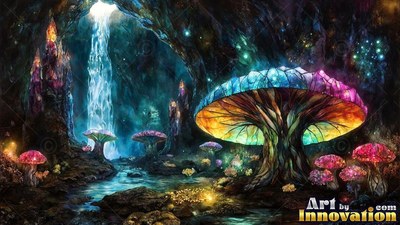 In a shadowy cave with a waterfall, bright mushrooms grow along a stream