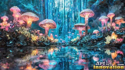 Shining above a dark pond, pink mushrooms reflect in water beneath blue ice cave walls