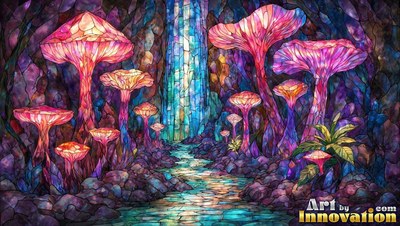 Pink mosaic tinted glass mushrooms grow along a blue stream inside a cave