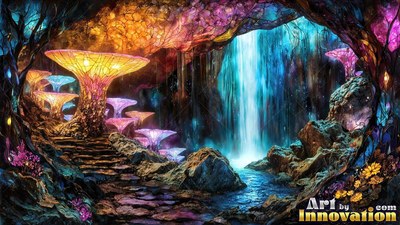 Webbed yellow caps on giant mushrooms rise beside stone steps and a blue waterfall in a cavern
