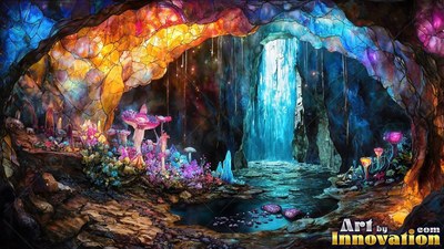 A stained glass cave frames bright mushrooms near a pool of blue water