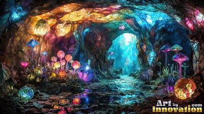 Viewed from ground level inside a cavern filled with colorful glass mushrooms