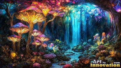 Giant leaded tinted glass mushrooms shine in a forest beside a blue stream