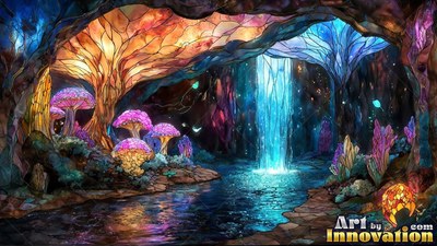 In a stained-glass cavern, a blue waterfall pours into a dark pool by pink mushrooms