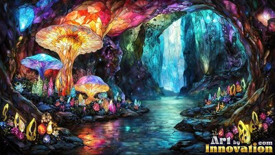 Sprouting in a dim cave, tall colored glass mushrooms shine beside a water pool