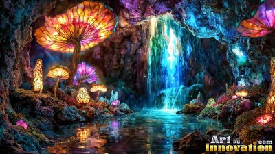 Stained glass mushrooms beside a bright cave waterfall