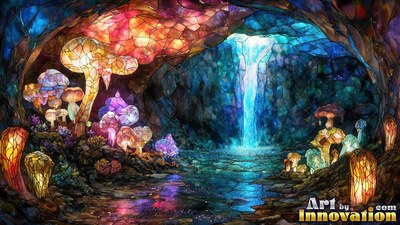 Tall mosaic mushrooms with pink caps stand beside a blue waterfall inside a dark cave