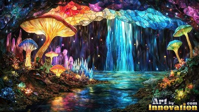 Leaded glass mushrooms grow beside a cave pool under a bright blue waterfall