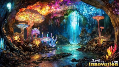 Standing tall in a dark cavern, giant colorful mushrooms line a pool