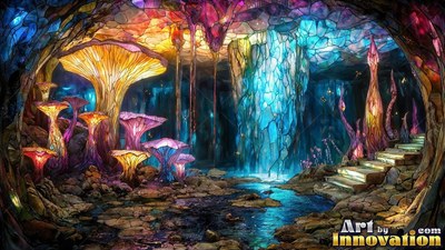 A tinted glass cave with bright yellow mushrooms and blue crystals beside a pool