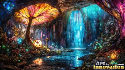In a shadowy cave pool, giant mosaic tinted glass mushrooms shine in orange and blue light