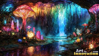 Sprouting inside a dark cave, tall pink mushrooms stand by a blue stream