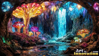 Stained clear glass mushrooms in a deep cave with a waterfall