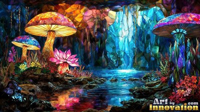 A yellow ribbed mushroom cap towers by a blue cave pool bordered by purple fungi