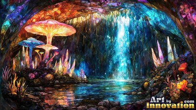 Giant mushrooms stand beside a cave pool lit by a bright blue waterfall