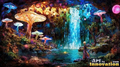 Standing by a pool, a person in a robe looks at large mushrooms in a cavern