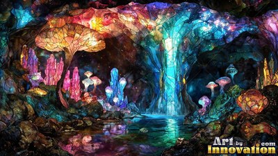 Leaded glass cavern with pink mushrooms and a bright blue waterfall pool