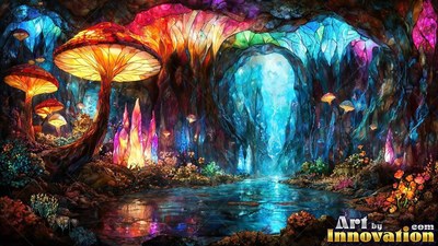 In a leaded glass cave, giant bright mushrooms stand beside a blue pool
