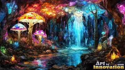 Sprouting inside a shadowy cave, bright leaded glass mushrooms stand beside a blue pool
