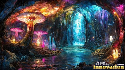 Mosaic glass cave with bright mushrooms and water