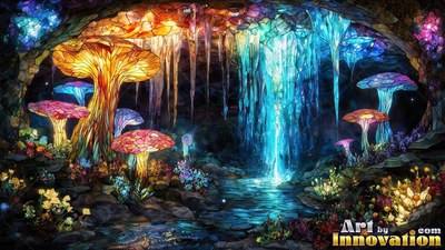 Tall mosaic tinted glass mushrooms with bright caps grow beside a cave pool under crystals