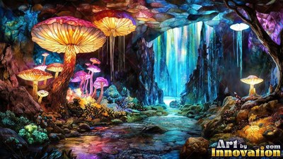 Giant mushrooms rise along a rocky cave path beneath bright blue waterfall light