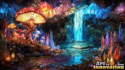 Facing an underground pool, giant stained clear glass mushrooms rise inside a cave